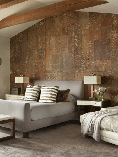 White Pine laminate wall panels on an accent wall in a contemporary bedroom at the Yellowstone Club