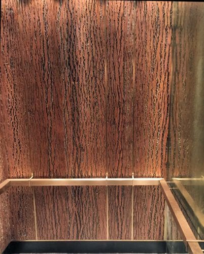 1 Hotel in New York City: poplar bark wall paneling in elevator. Bark House.