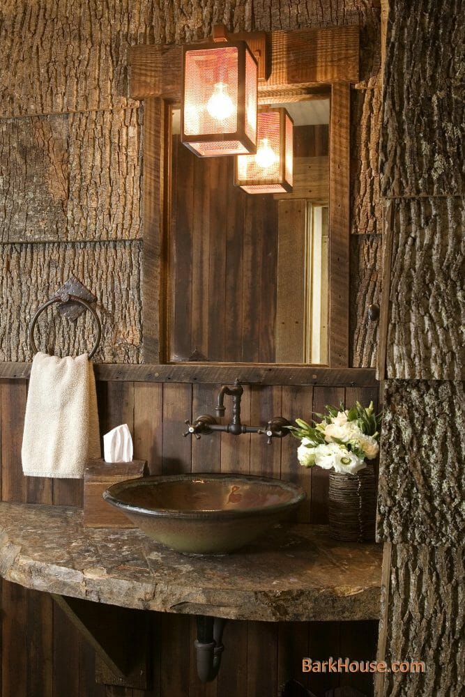 Interior Poplar bark wall covering for sale at the Bark House. Rustic Luxury in powder room.