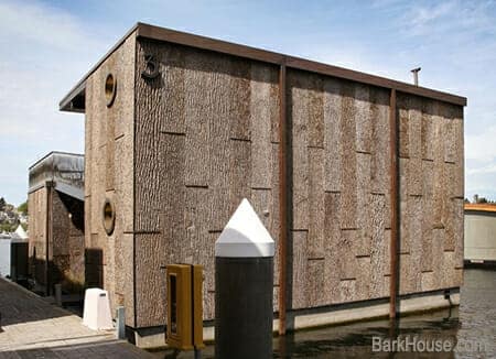 Bark House Natural, textured tulip poplar bark exterior wall coverings on a houseboat in Seattle