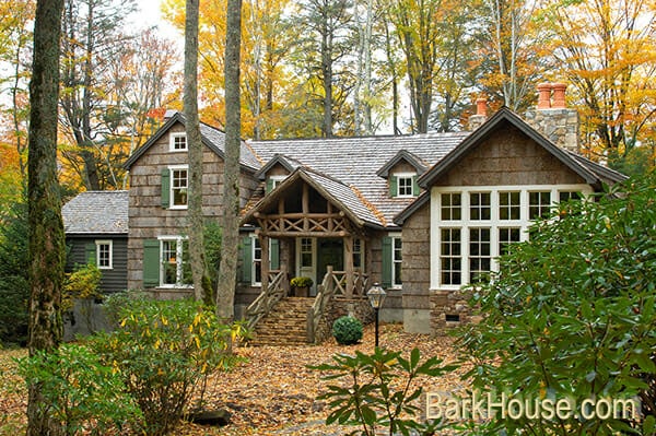 Linville NC home with Bark House brand exterior natural poplar bark shingles siding