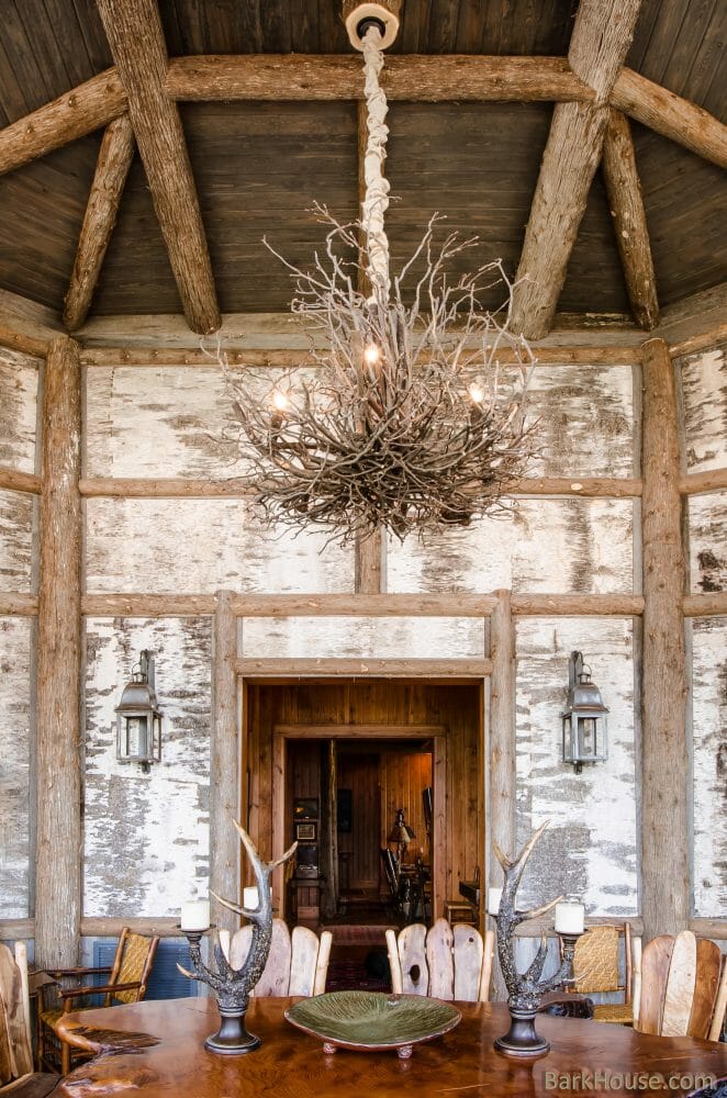 Bark House natural white birch bark textured wall panels in dining room