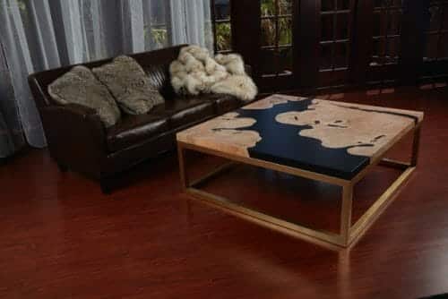 Living room with artist made live edge maple slab from highland craftsmen