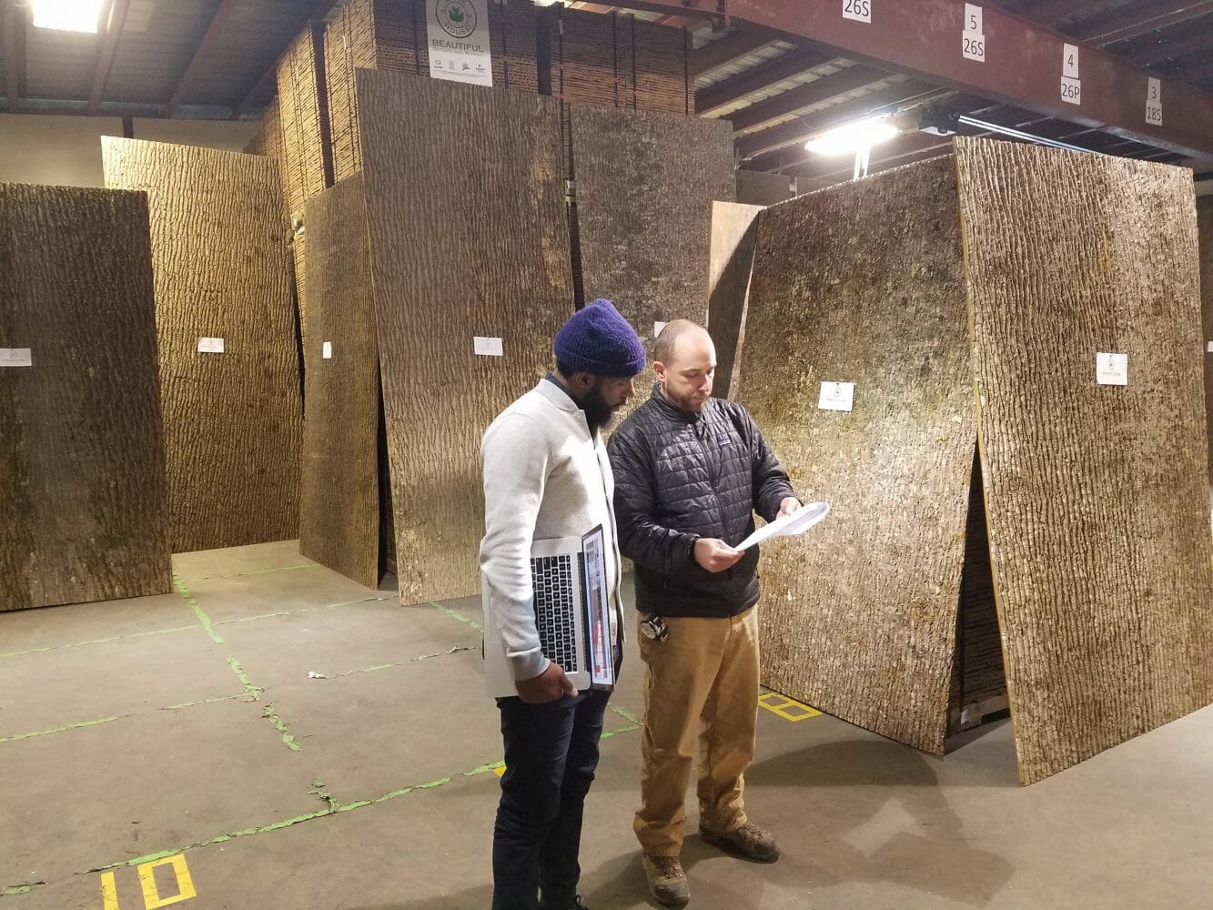 Jonathan Jackson of WSDIA (We Should Do it All) visits Bark House's warehouse to view Poplar Panels for NIKE HQ with Sales