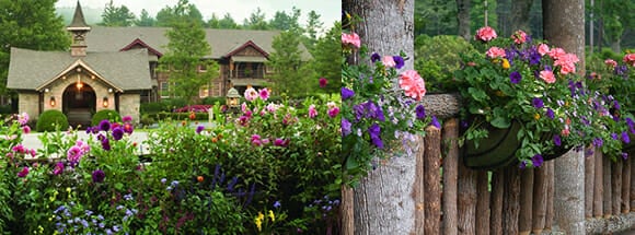 Summer flowers and Bark House brand Poplar Bark Shingles and poplar pole railings