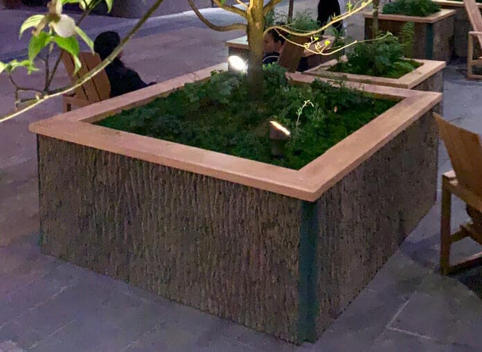 Bark House Poplar Panels are used to create tree planters in Rockefeller Center.