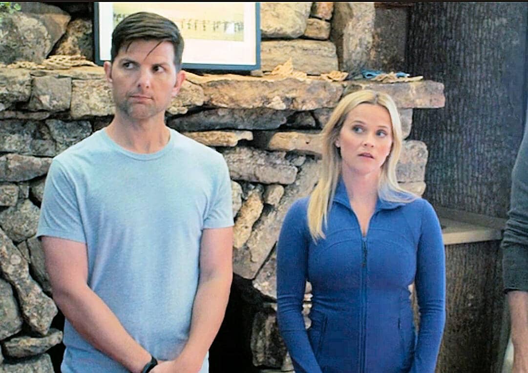 Scene from Big Little Lies with Reese Witherspoon and Adam Scott: Bark House Poplar Bark Panels in retreat space.